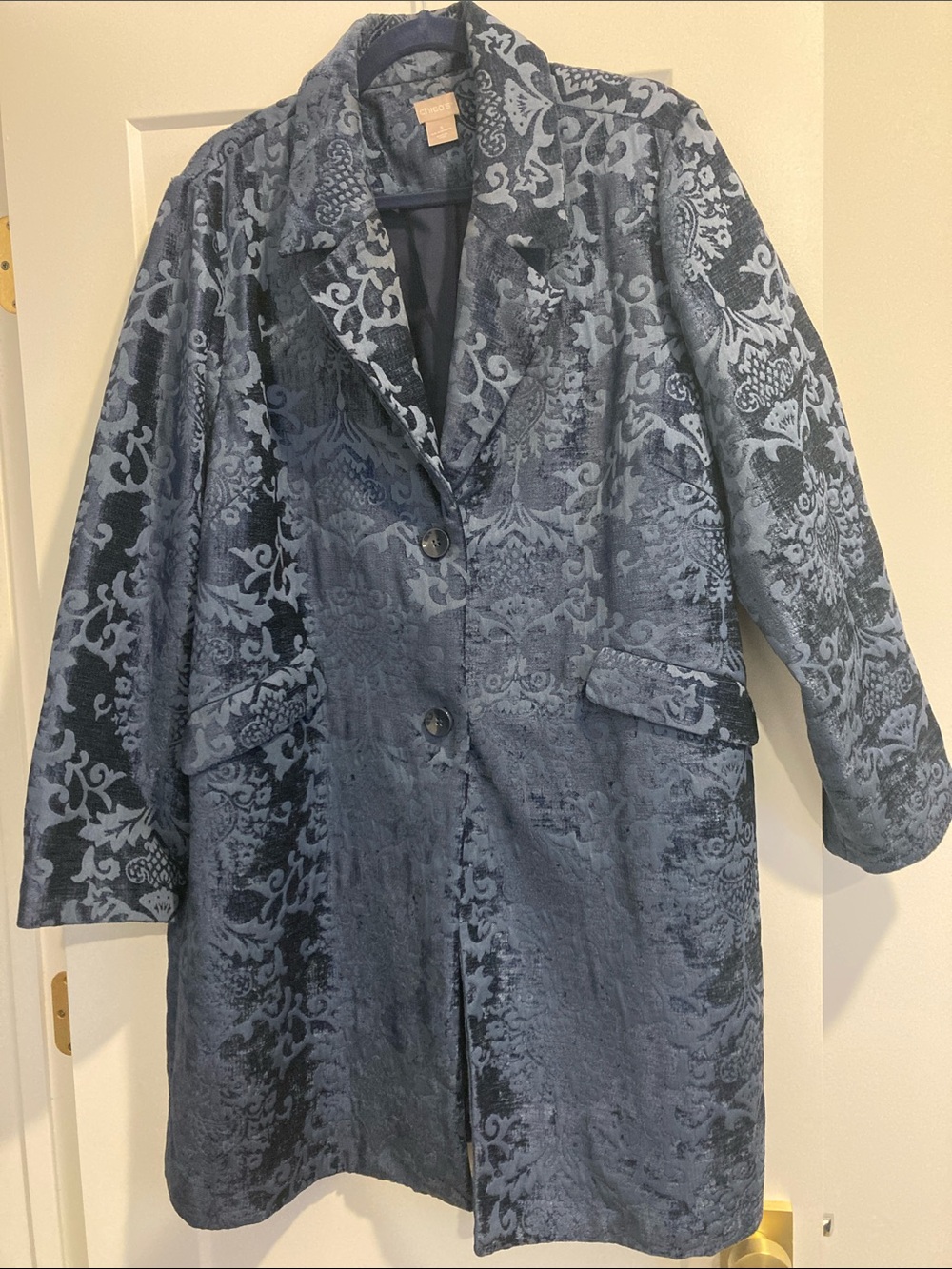 Chico's Blue Patterned Jacquard Car Coat